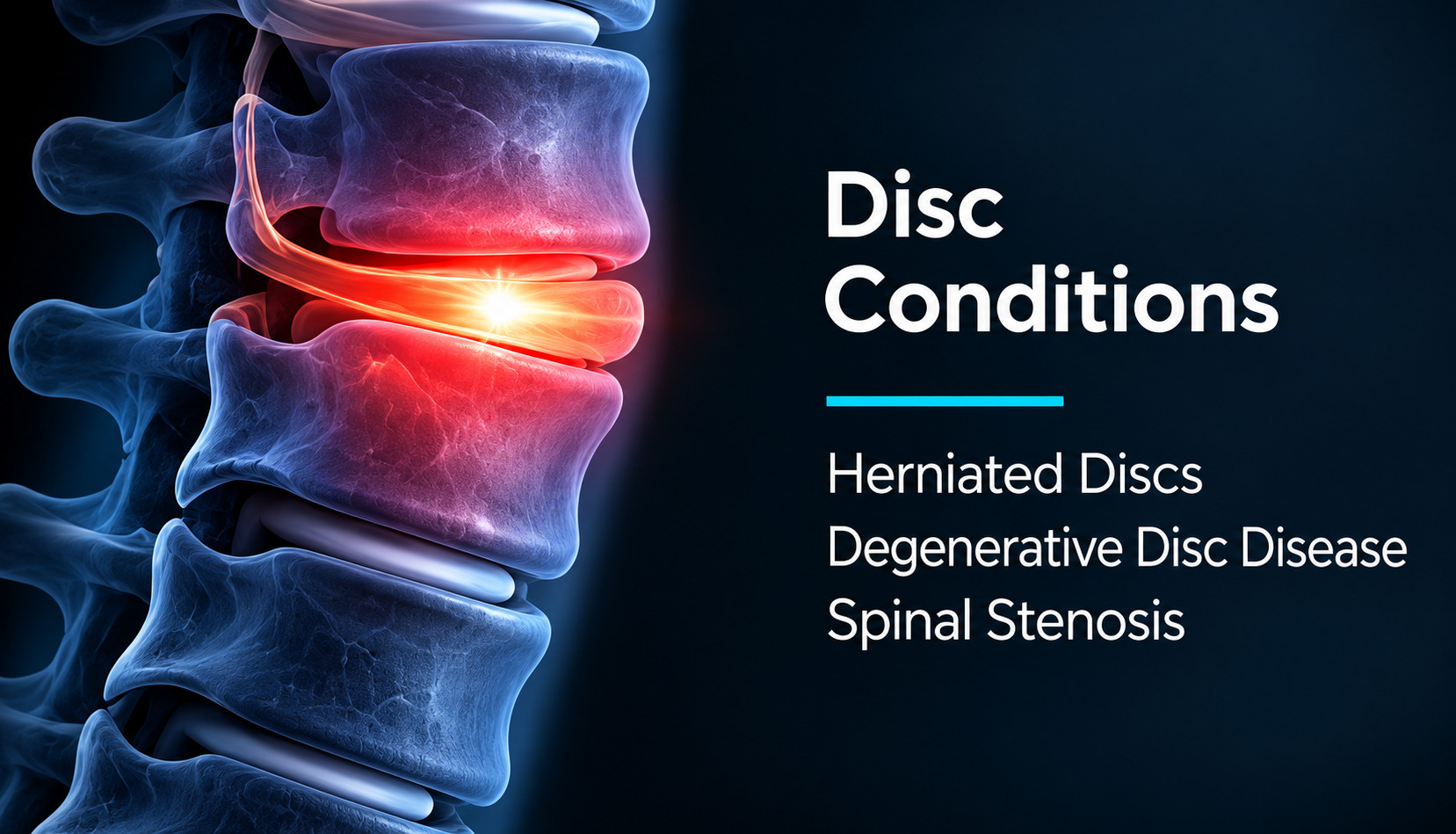 Disc conditions including herniated discs, degenerative disc disease and spinal stenosis
