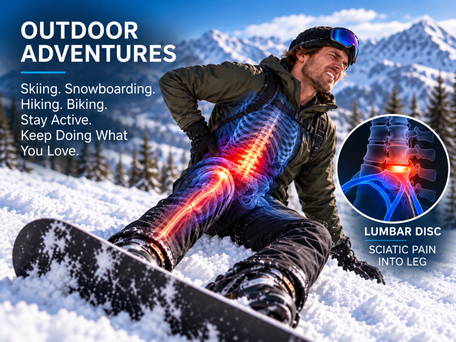 Snowboarder experiencing lower-back and radiating leg pain, with an educational lumbar spine overlay