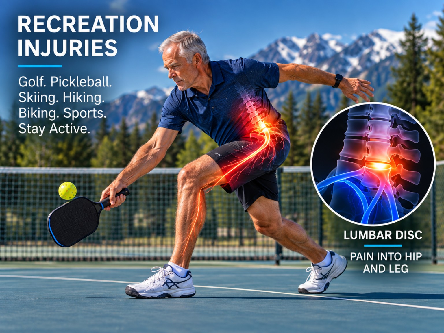 Older pickleball player experiencing lower-back, hip and radiating leg pain