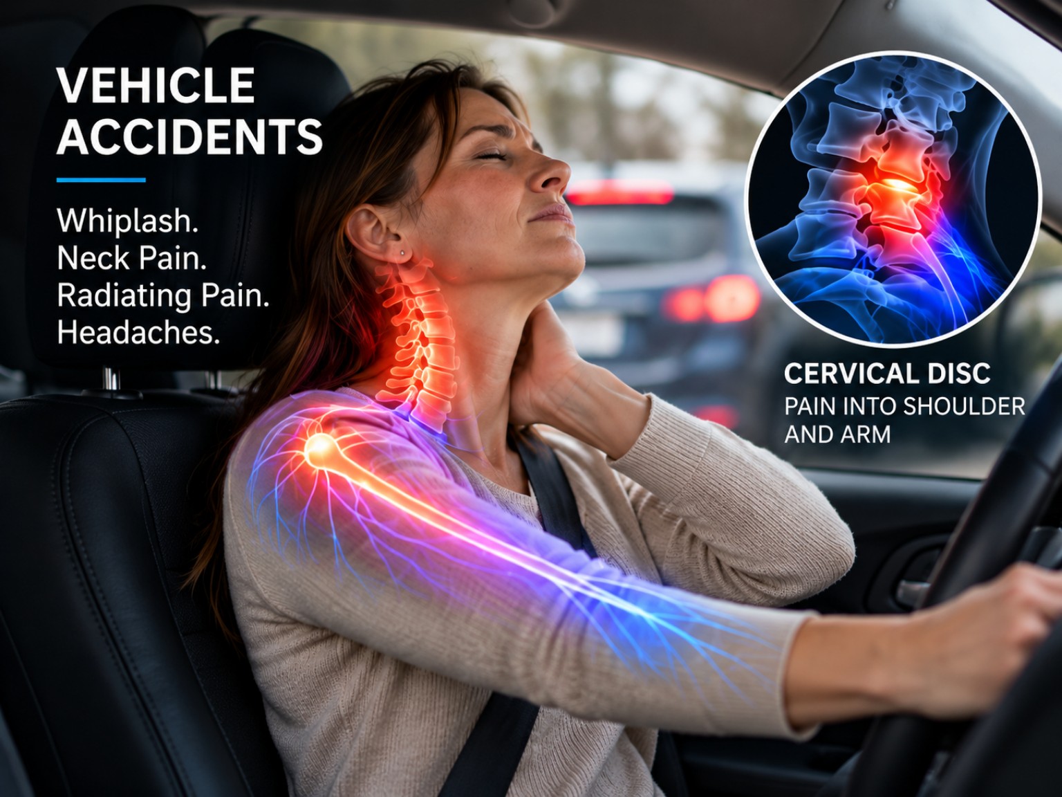 Driver experiencing neck pain radiating into the shoulder and arm after a vehicle accident