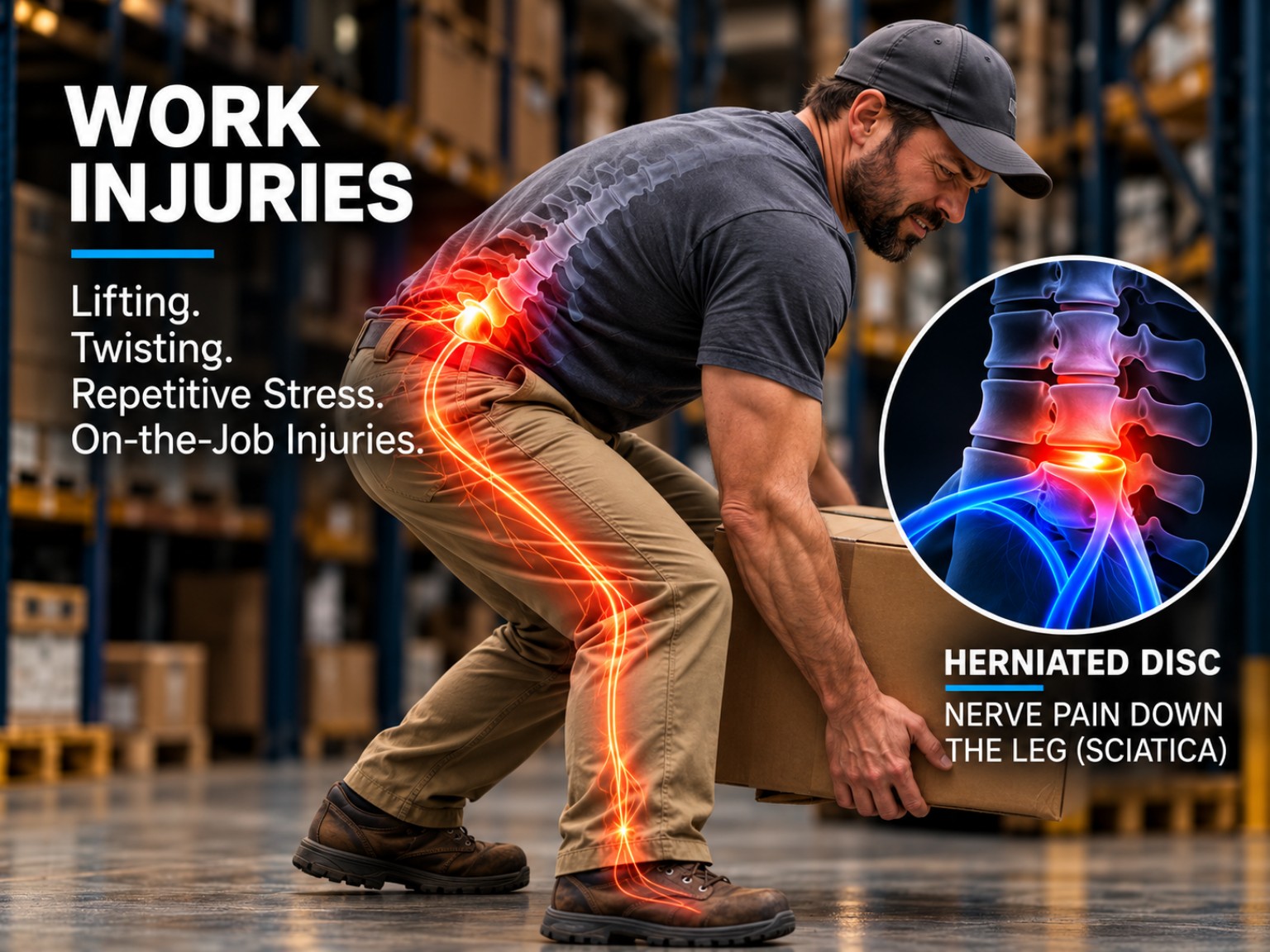 Warehouse worker experiencing lower-back and sciatic-type leg pain while lifting